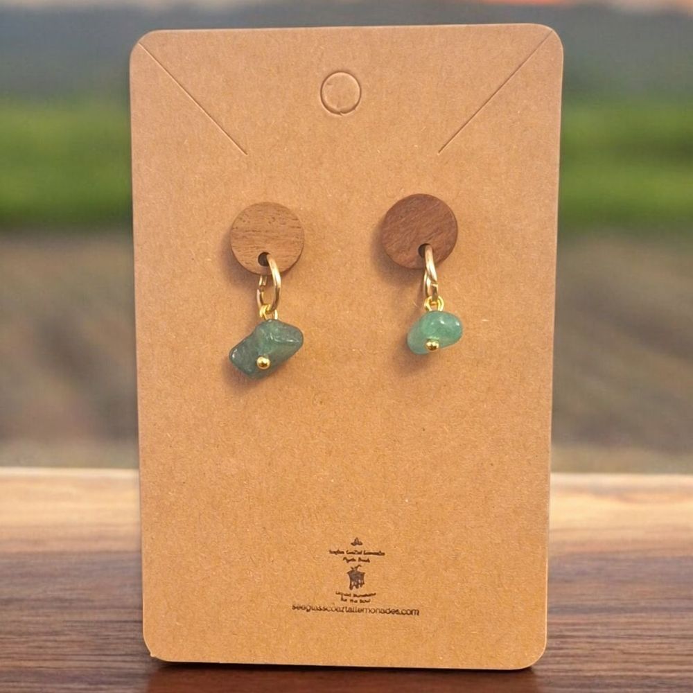 Elegant Green Adventurine Wood Drop Earrings